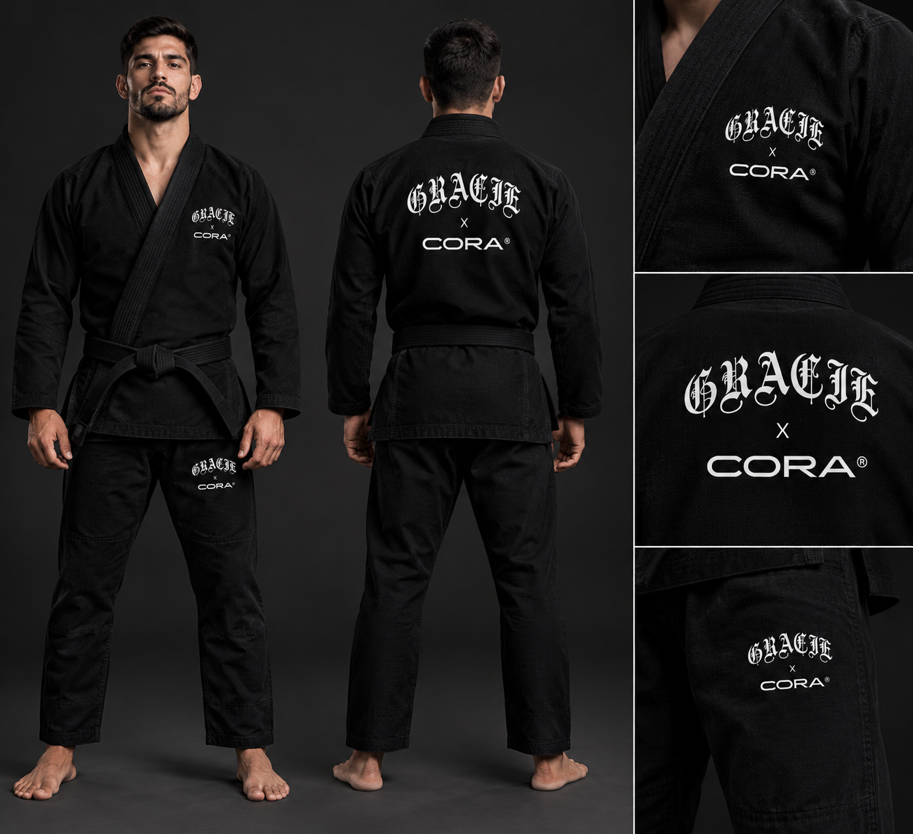Uniforme oficial GRACIE × CORA: kimono preto visto de frente, de costas e detalhes da estampa