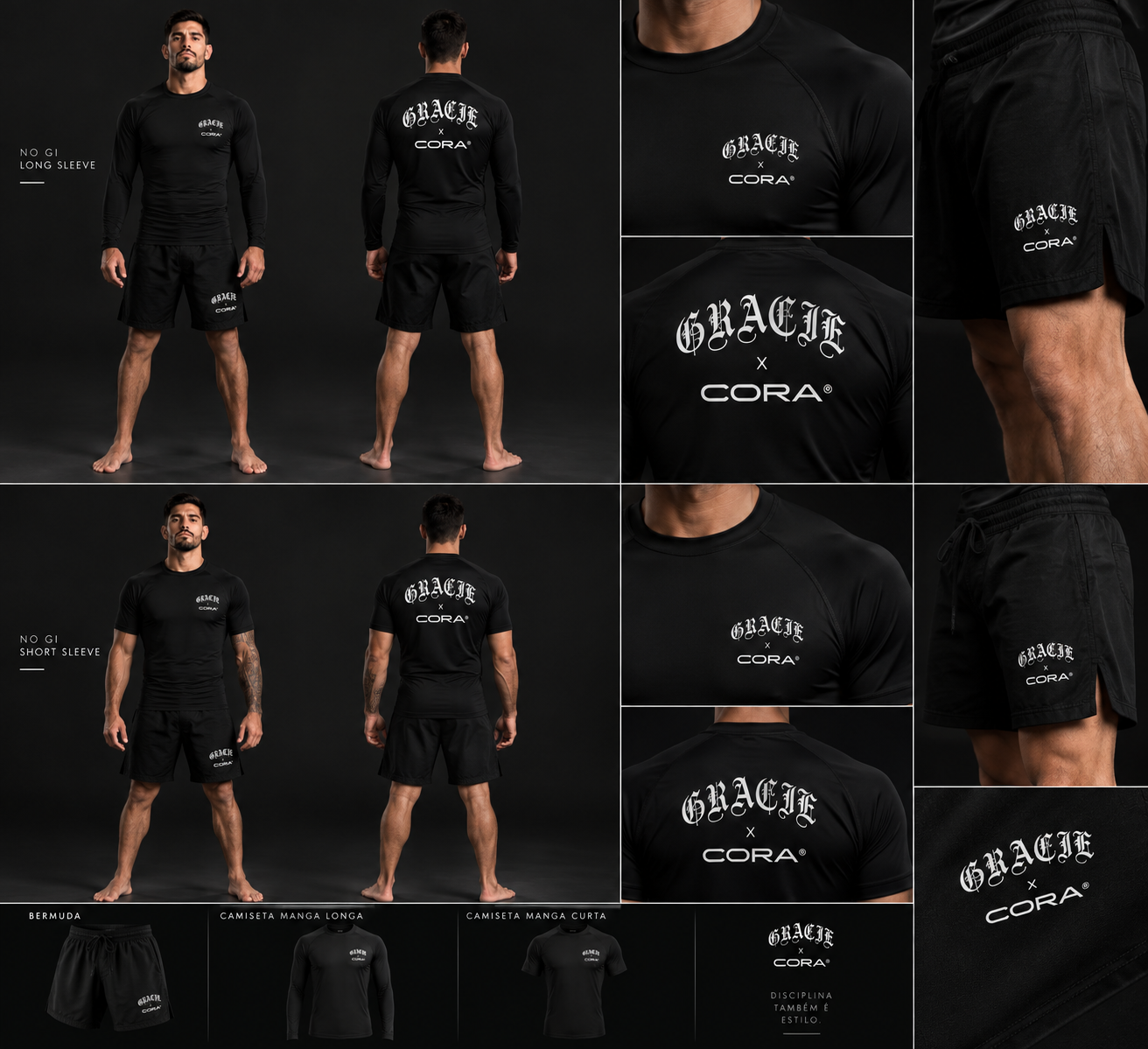 Uniforme oficial GRACIE × CORA No-Gi: camisa de manga longa, camisa de manga curta e bermuda pretas
